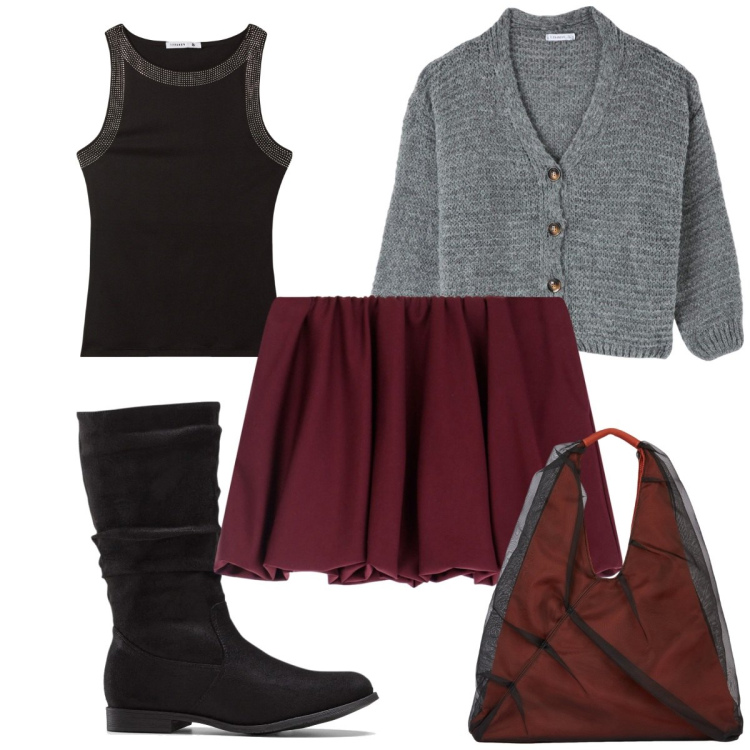Outfit donna - Total look #2047706. Stile Trendy per Tutti i giorni. Abbinamento con stivali, canottiere, cardigans, minigonne, shopping bag.