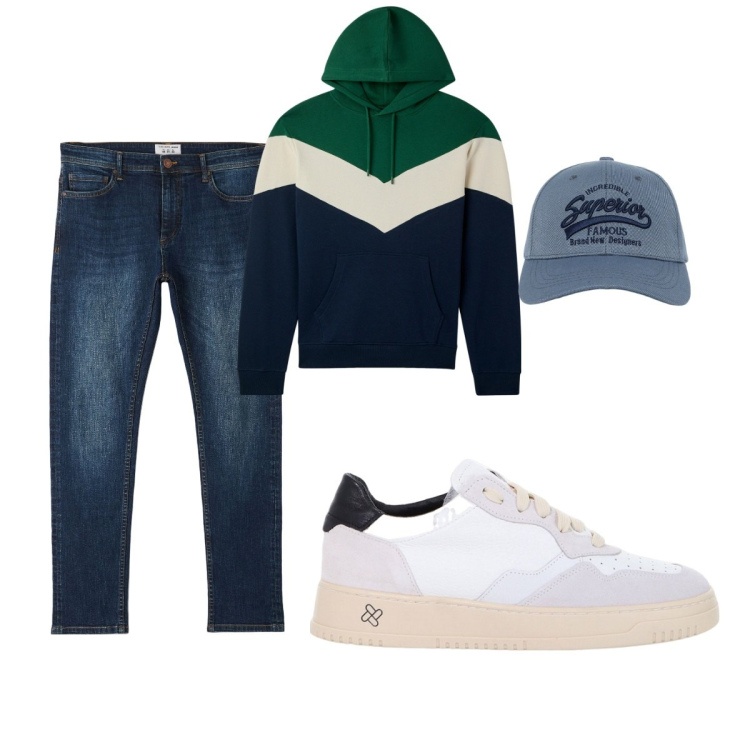 Outfit uomo - Total look #2047712. Stile Casual per Tutti i giorni. Abbinamento con felpe con cappuccio, jeans skinny, cappelli con visiera, sneakers.
