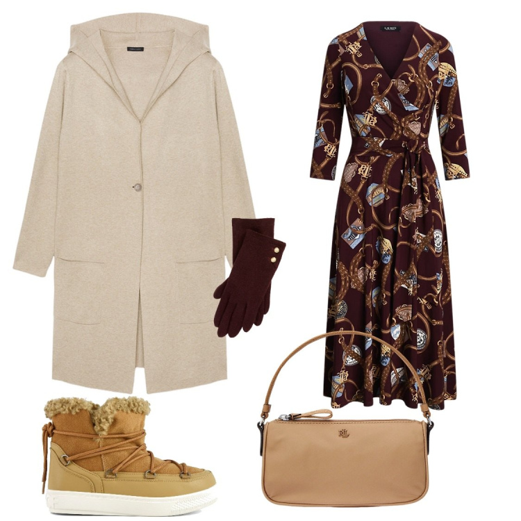 Outfit donna - Cioccolato con cannella. Stile Casual chic per Tutti i giorni. Abbinamento con vestiti, pochette, guanti, stivali da neve, cardigans.