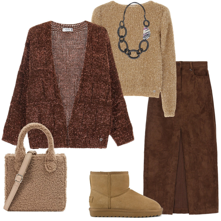 Outfit donna - Mocha mousse. Stile Sporty chic per Ufficio. Abbinamento con shopping bag, maglieria, cardigans, gonne lunghe, stivali, collane.