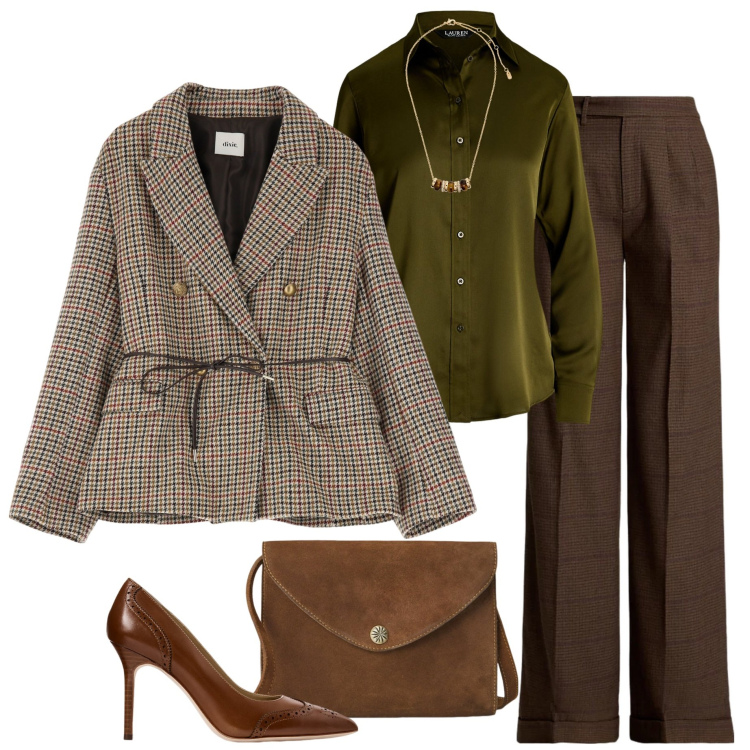 Outfit donna - Mocha mousse. Stile Chic per Serata fuori. Abbinamento con blazer, collane, borse a tracolla, pantaloni, décolleté, camicie.