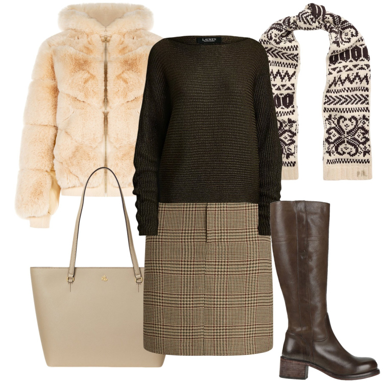 Outfit donna - Il piumino peluche. Stile Bon Ton per Ufficio. Abbinamento con stivali, blazer, borse tote, maglieria, sciarpe, minigonne.