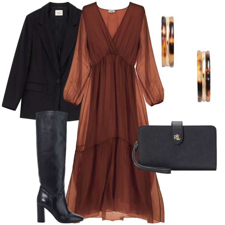 Outfit donna - Innamorata della vita. Stile Chic per Serata fuori. Abbinamento con stivali, vestiti lunghi, blazer, pochette, orecchini.
