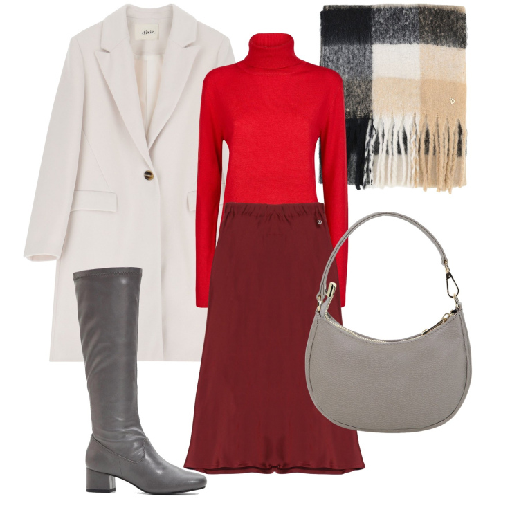 Outfit donna - Il cappotto bianco. Stile Casual chic per Ufficio. Abbinamento con stivali, borse a spalla, cappotti, stole, gonne, maglieria.