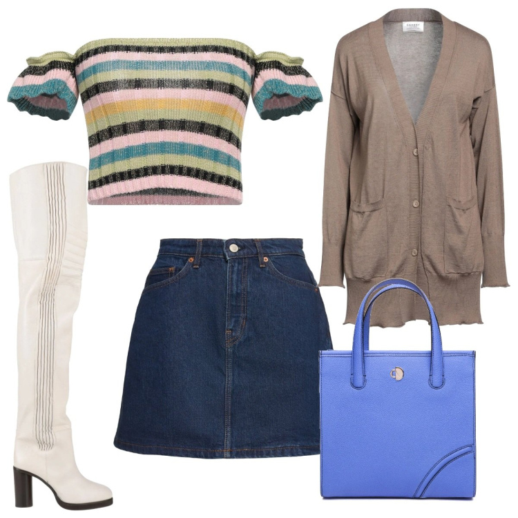 Outfit donna - Total look #2047741. Stile Trendy per Tutti i giorni. Abbinamento con top, stivali sopra il ginocchio, cardigans, shopping bag, minigonne.
