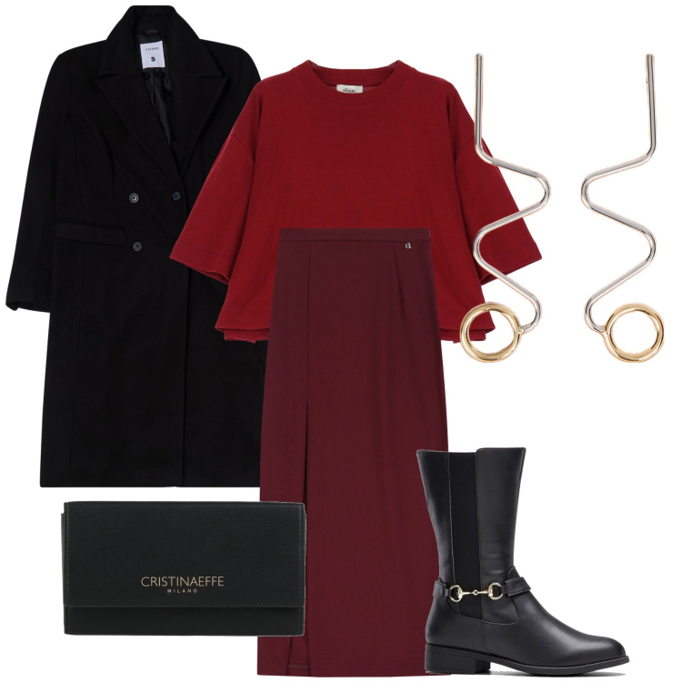 Outfit donna - Per la sera. Stile Trendy per Serata fuori. Abbinamento con stivali, borse a mano, cappotti, gonne lunghe, maglieria, orecchini.