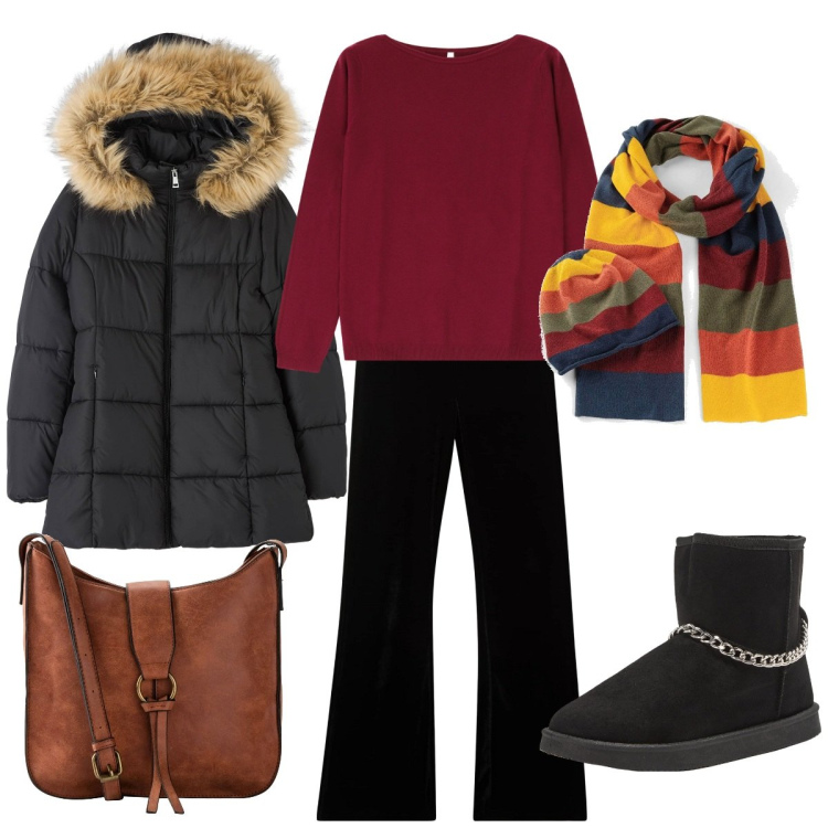 Outfit donna - Al caldo. Stile Basic per Tutti i giorni. Abbinamento con sciarpe, borse a tracolla, leggings, stivaletti, piumini, pullovers.
