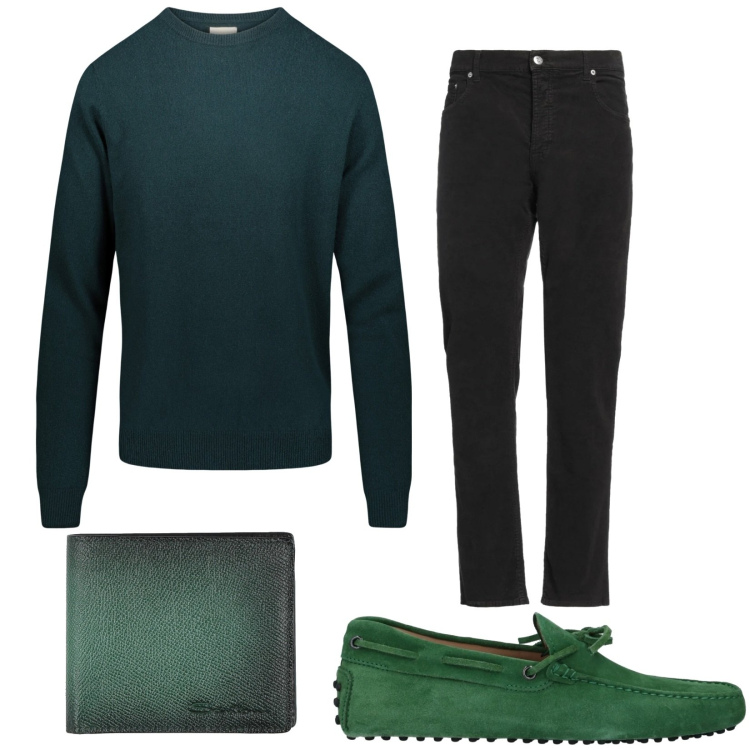 Outfit uomo - Verde base. Stile Casual per Tutti i giorni. Abbinamento con scarpe stringate, pantaloni, portafogli, maglieria.