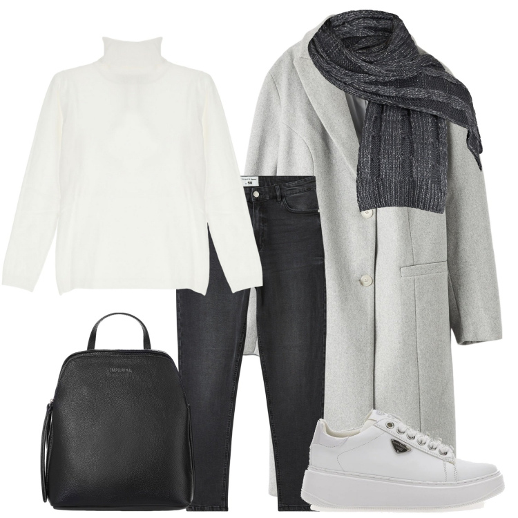 Outfit donna - Cappotto per tutti i giorni. Stile Casual per Tutti i giorni. Abbinamento con maglieria, sciarpe, cappotti, jeans skinny, zaini, sneakers.
