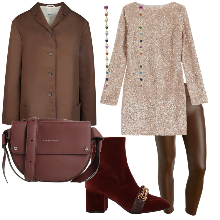 Outfit donna - Una serata cioccolato. per Serata fuori. Abbinamento con stivaletti, borse a tracolla, orecchini, vestiti corti, pantaloni skinny, trench.