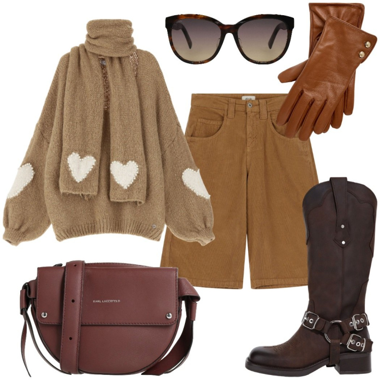 Outfit donna - Colori caldi per scaldare l\' inverno. Stile Casual chic per Tutti i giorni. Abbinamento con borse a tracolla, occhiali da sole, maglieria, bermuda, stivali, guanti.