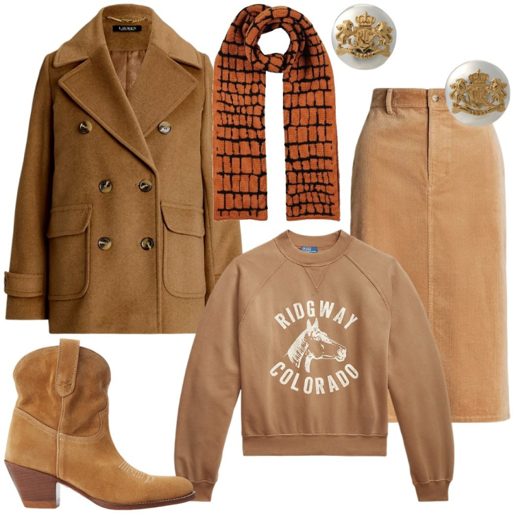 Outfit donna - Country chic. Stile Casual chic per Tutti i giorni. Abbinamento con sciarpe, stivaletti, orecchini, felpe, caban, gonne.