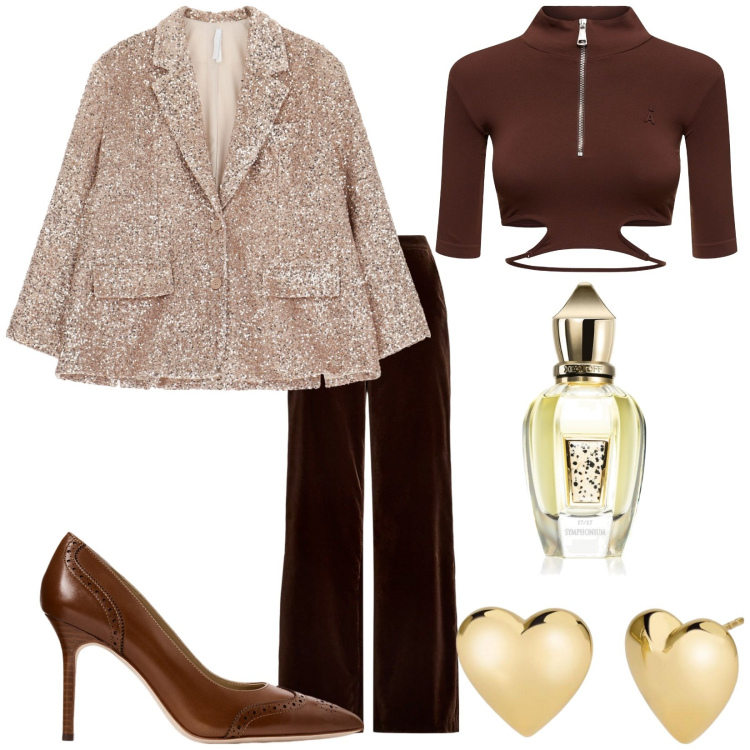 Outfit donna - Valentina. Stile Glamour per Serata fuori. Abbinamento con profumi, orecchini, blazer, pantaloni, décolleté, top.