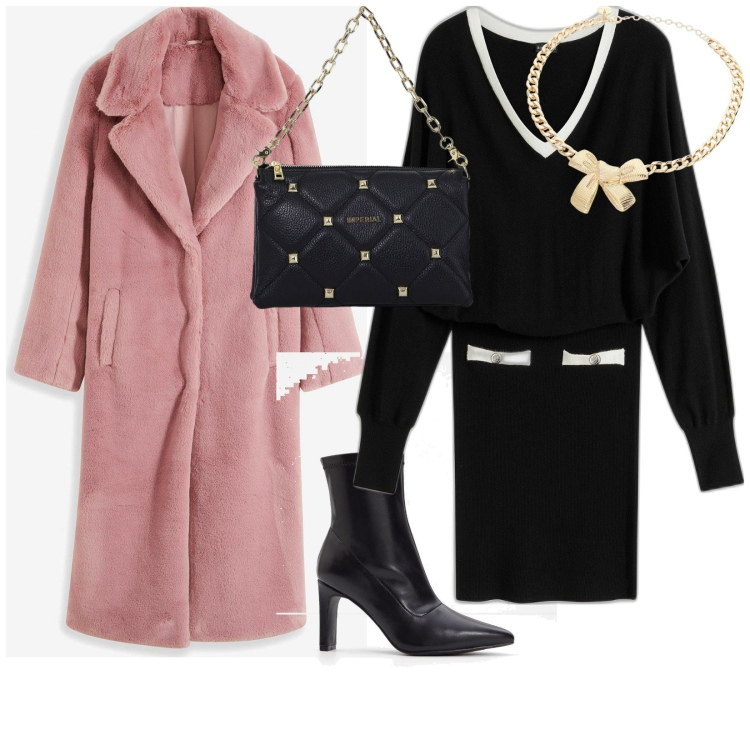 Outfit donna - Un cappotto caldo rosa. per Tutti i giorni. Abbinamento con stivaletti, vestiti, ecopellicce, borse a spalla, collane.