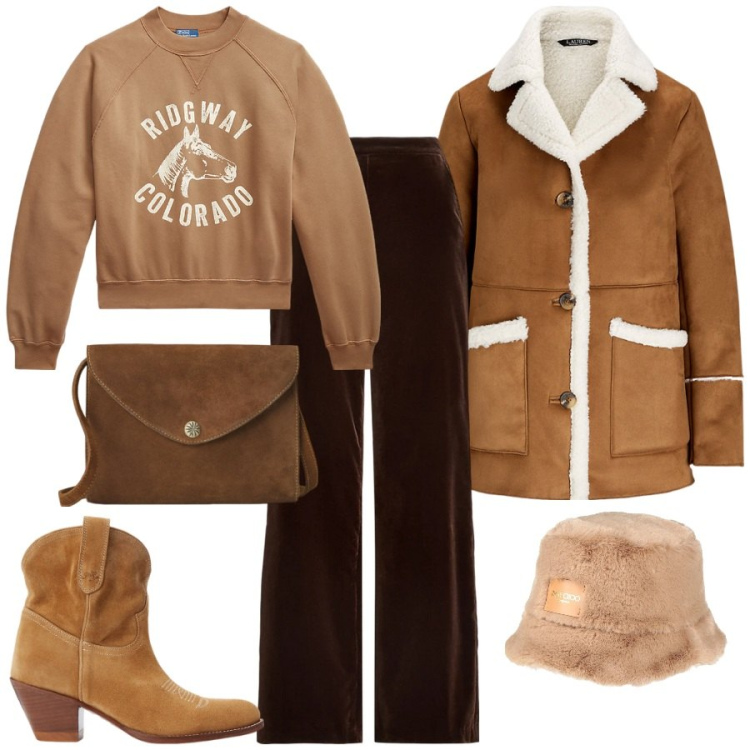 Outfit donna - Speciale: Mocha Mousse Pantone 2025. Stile Casual chic per Tutti i giorni. Abbinamento con cappelli, stivaletti, borse a tracolla, felpe, pantaloni, cappotti.