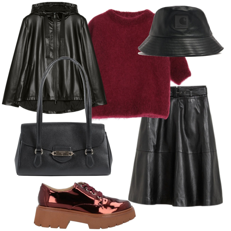 Outfit donna - Oggi nuvoloso. per Tutti i giorni. Abbinamento con gonne, scarpe stringate, borse a mano, maglieria, cappelli, blazer.