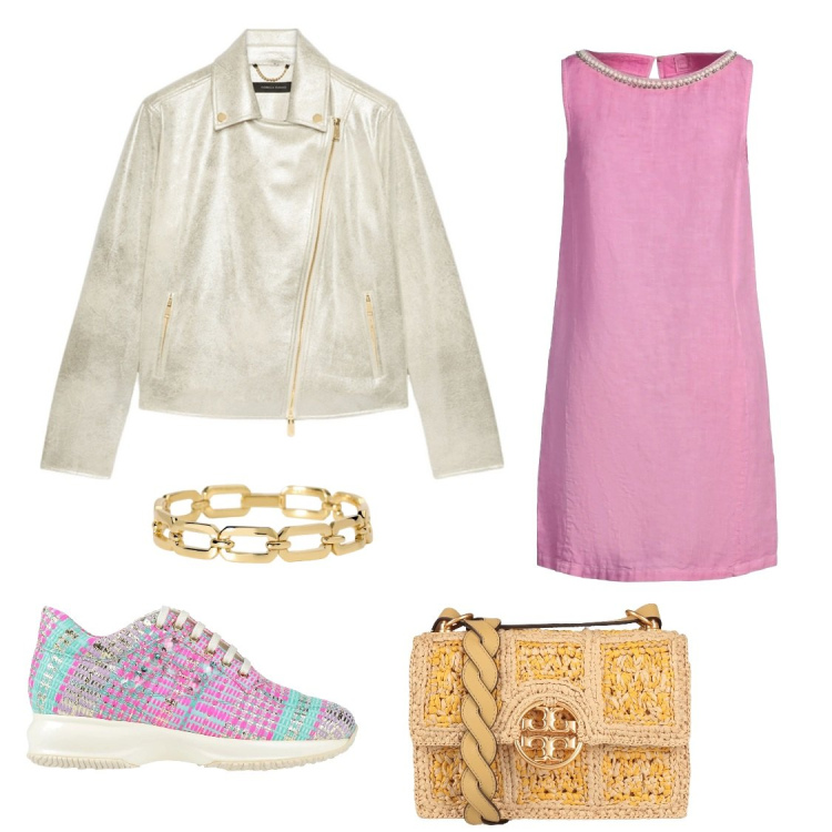 Outfit donna - Primavera in rosa. Stile Chic per Tutti i giorni. Abbinamento con vestiti corti, sneakers, borse a tracolla, braccialetti, blazer.