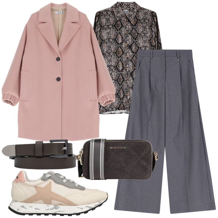 Outfit donna - Stampa animalier per la camicia. Stile Casual chic per Tutti i giorni. Abbinamento con borse a tracolla, sneakers, cappotti, pantaloni, camicie, cinture.
