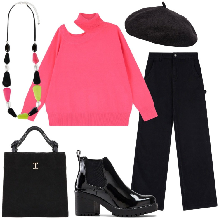 Outfit donna - Aperitivo in centro. Stile Urban per Tutti i giorni. Abbinamento con stivaletti, pantaloni, maglieria, shopping bag, cappelli e berretti, collane.
