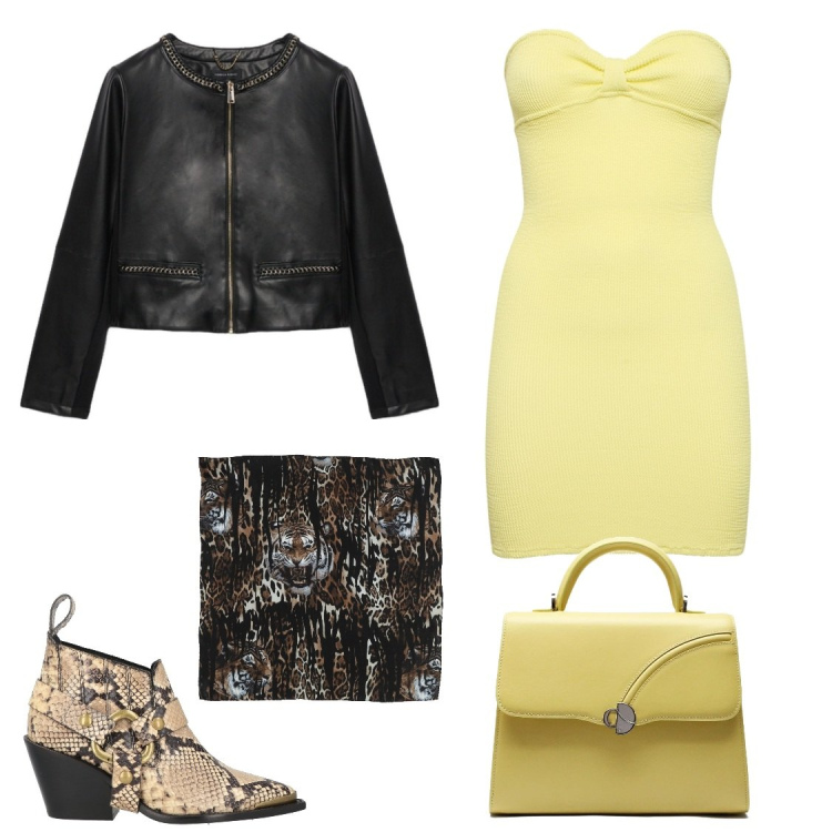 Outfit donna - Gli opposti si attraggono. Stile Casual chic per Serata fuori. Abbinamento con sciarpe, stivaletti texani, blazer, borse a mano, vestiti.