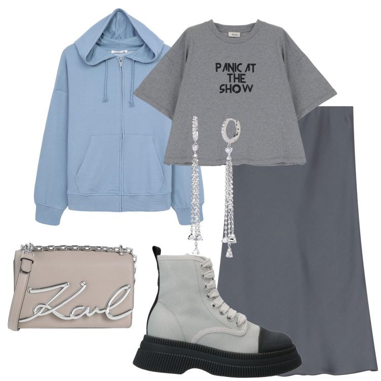 Outfit donna - Street style. Stile Urban per Tutti i giorni. Abbinamento con stivaletti, borse a tracolla, felpe con cappuccio, orecchini, gonne, t-shirt.