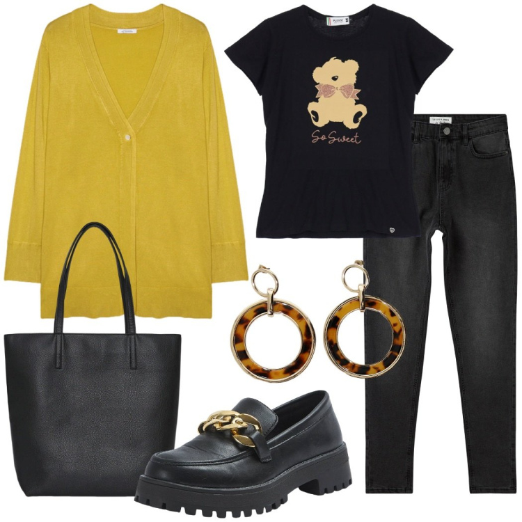 Outfit donna - La t-shirt jolly. Stile Urban per Tutti i giorni. Abbinamento con jeans skinny, borse tote, mocassini, t-shirt, orecchini, cardigans.