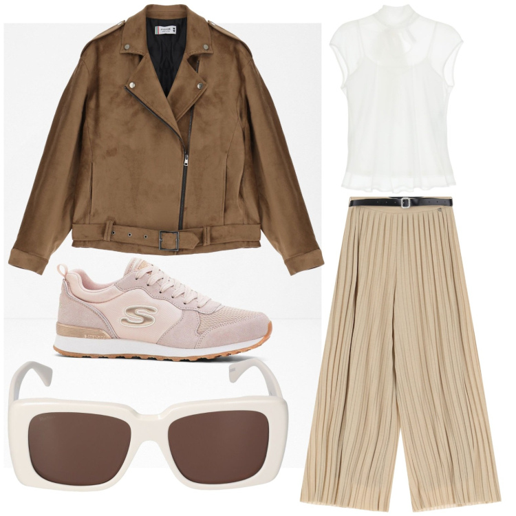 Outfit donna - Sole di primavera. Stile Casual per Tutti i giorni. Abbinamento con sneakers, blazer, top, pantaloni a palazzo, occhiali da sole.