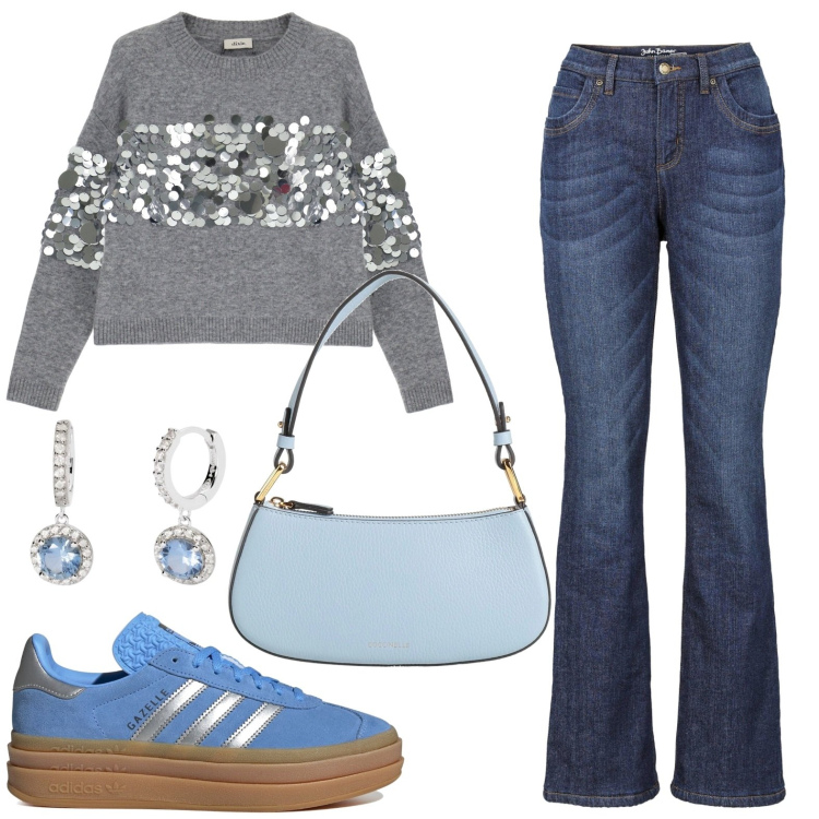 Outfit donna - Luce celeste. Stile Casual per Tutti i giorni. Abbinamento con jeans bootcut, borse a mano, orecchini, pullovers, sneakers.