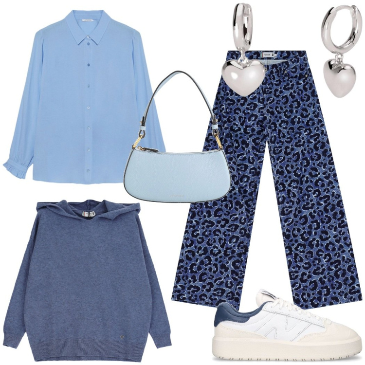 Outfit donna - Azzurro tono su tono. Stile Casual chic per Tutti i giorni. Abbinamento con borse a mano, orecchini, pullovers, jeans, camicie, sneakers.