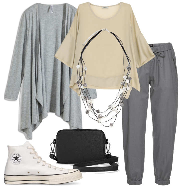Outfit donna - Texture fluide. Stile 70s per Tutti i giorni. Abbinamento con pantaloni, borse a tracolla, cardigans, bluse, collane, sneakers.