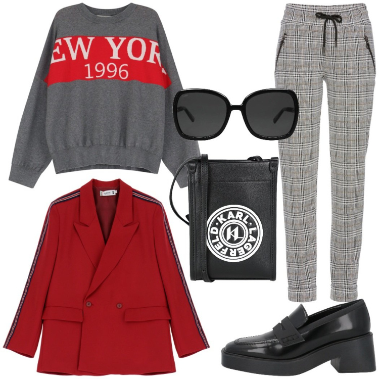 Outfit donna - Rosso e grigio. Stile Urban per Tutti i giorni. Abbinamento con pantaloni, mocassini, borse a tracolla, occhiali da sole, blazer, maglieria.