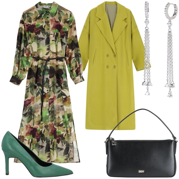 Outfit donna - L\'abito lungo fantasia. Stile Glamour per Serata fuori. Abbinamento con décolleté, borse a mano, vestiti lunghi, orecchini, cappotti.