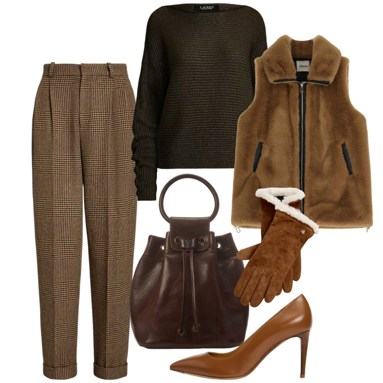Outfit donna - Speciale: Mocha Mousse Pantone 2025. Stile Bon Ton per Tutti i giorni. Abbinamento con gilet, décolleté, pantaloni, borse a secchiello, maglieria, guanti.
