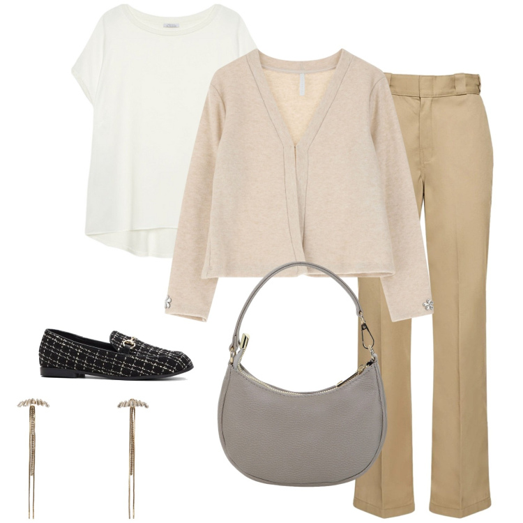 Outfit donna - Il cardigan con dettaglio prezioso. Stile Casual chic per Tutti i giorni. Abbinamento con mocassini, orecchini, cardigans, borse a spalla, pantaloni, bluse.