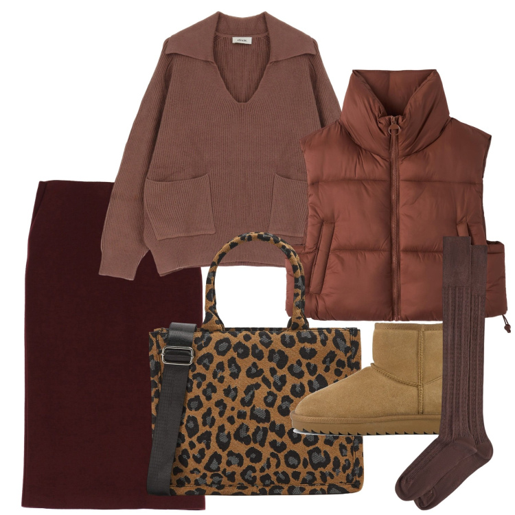 Outfit donna - Speciale: Mocha Mousse Pantone 2025. Stile Bon Ton per Tutti i giorni. Abbinamento con shopping bag, piumini, maglieria, gonne, stivali, collant.