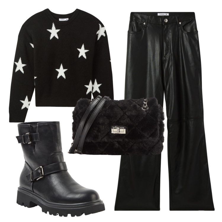 Outfit donna - Stelle bianche. Stile Urban per Serata fuori. Abbinamento con stivaletti, borse a spalla, pantaloni, maglieria.