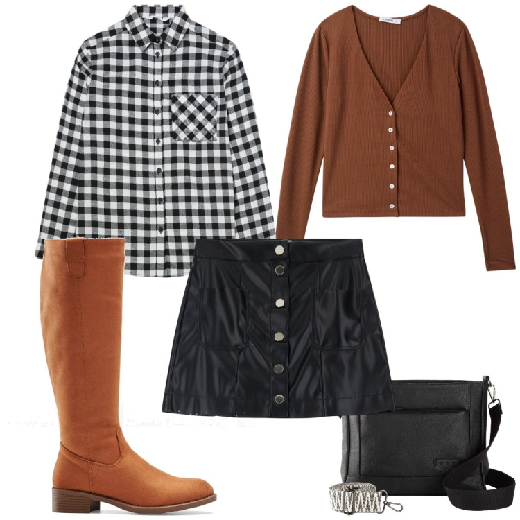 Outfit donna - Total look #2047875. Stile Trendy per Tutti i giorni. Abbinamento con stivali, borse a tracolla, camicie, cardigans, minigonne.