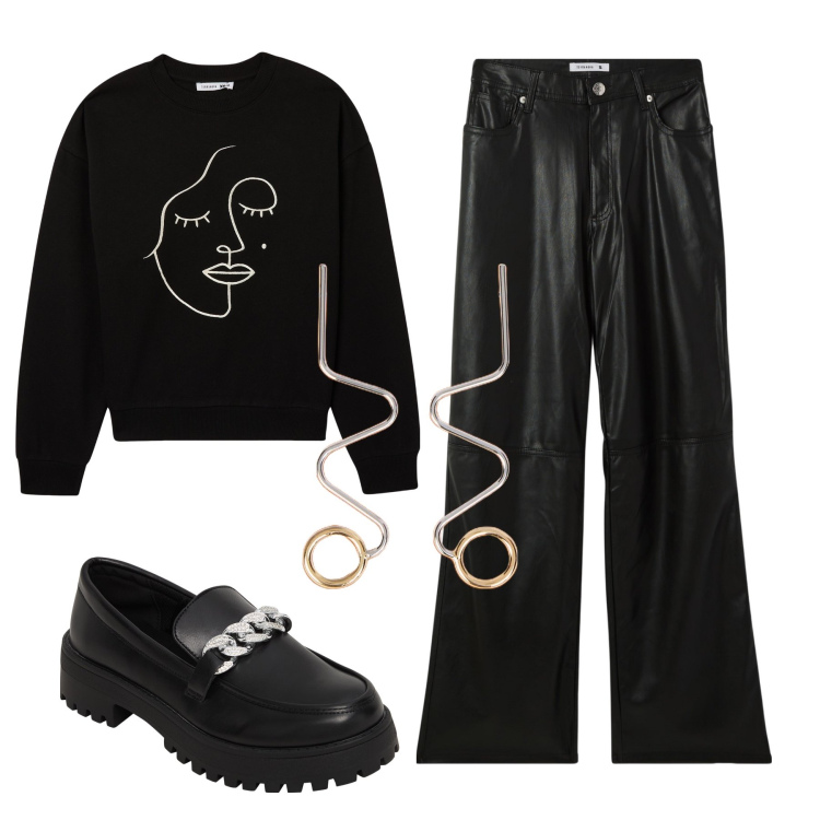 Outfit donna - Minimal art. Stile Glamour per Tutti i giorni. Abbinamento con mocassini, felpe, pantaloni, orecchini.