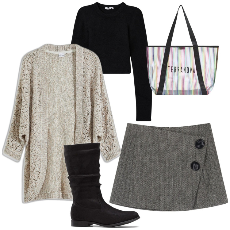 Outfit donna - Grigio. Stile Bon Ton per Tutti i giorni. Abbinamento con stivali, cardigans, shopping bag, maglieria, minigonne.