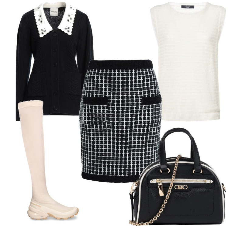 Outfit donna - Total look #2047885. Stile Trendy per Tutti i giorni. Abbinamento con minigonne, borse a mano, cardigans, top, stivali.