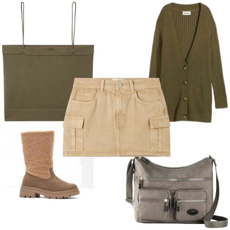 Outfit donna - Total look #2047889. Stile Military per Tutti i giorni. Abbinamento con borse a tracolla, stivali, cardigans, minigonne, top.