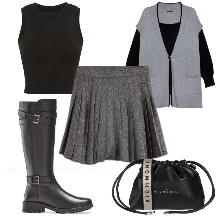 Outfit donna - Total look #2047895. Stile Trendy per Tutti i giorni. Abbinamento con minigonne, stivali, borse a tracolla, canottiere, cardigans.