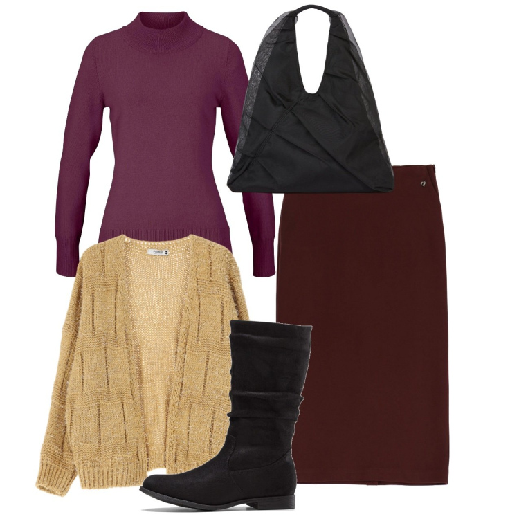 Outfit donna - Ufficio. Stile Bon Ton per Ufficio. Abbinamento con maglieria, stivali, cardigans, gonne, shopping bag.