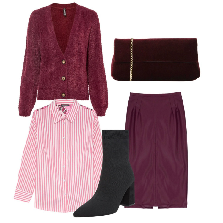 Outfit donna - Righini. Stile Bon Ton per Ufficio. Abbinamento con cardigans, stivaletti, gonne, pochette, camicie.
