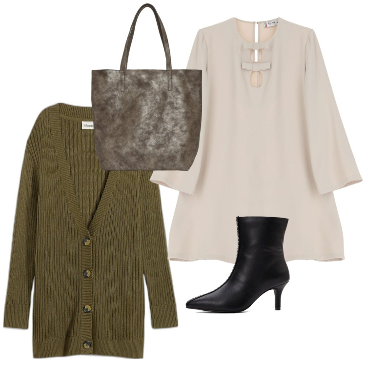 Outfit donna - Il vestito sabbia. Stile Bon Ton per Tutti i giorni. Abbinamento con cardigans, stivaletti, shopping bag, vestiti corti.