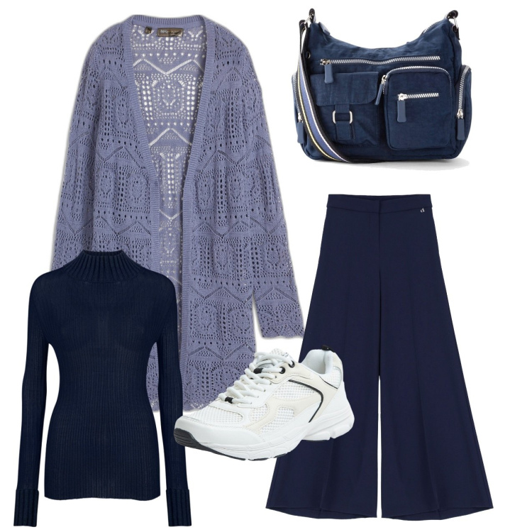 Outfit donna - In città. Stile Bon Ton per Tutti i giorni. Abbinamento con cardigans, borse a tracolla, sneakers, pantaloni a palazzo, maglieria.