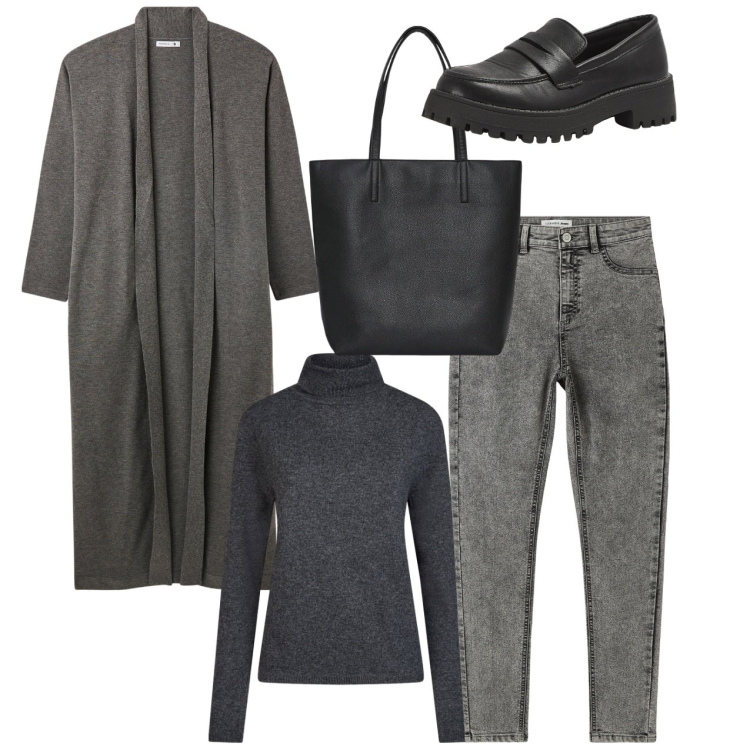 Outfit donna - In grigio. Stile Bon Ton per Tutti i giorni. Abbinamento con borse tote, mocassini, jeggings, cardigans, maglieria.