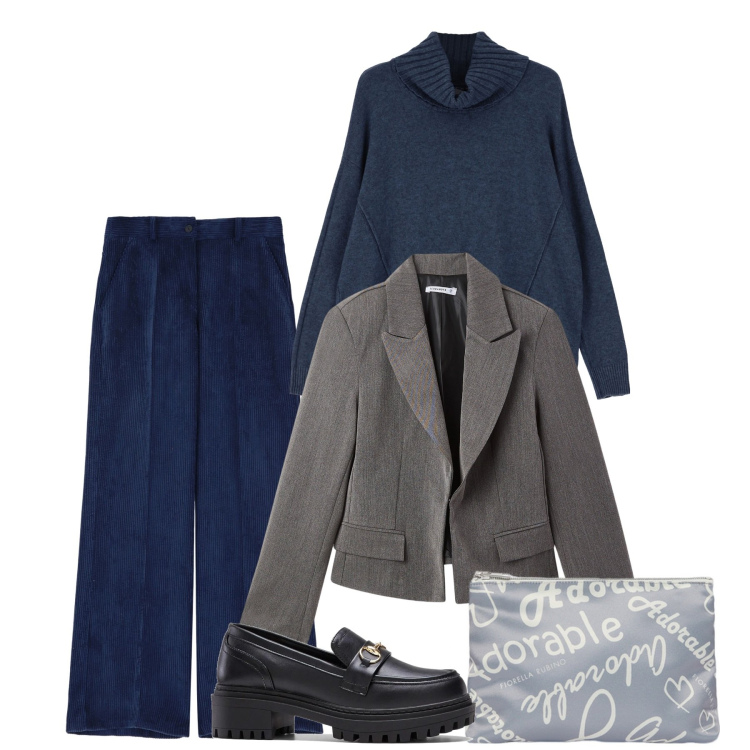 Outfit donna - Blu e grigio. Stile Bon Ton per Tutti i giorni. Abbinamento con mocassini, blazer, pantaloni, maglieria, pochette.