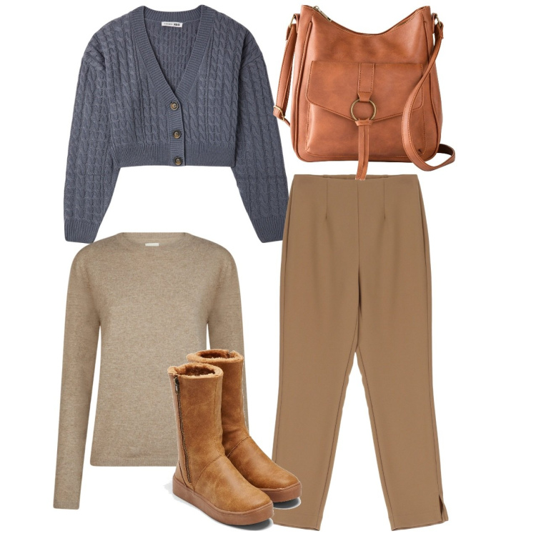 Outfit donna - In città. Stile Bon Ton per Tutti i giorni. Abbinamento con borse a tracolla, stivali, cardigans, pantaloni, maglieria.