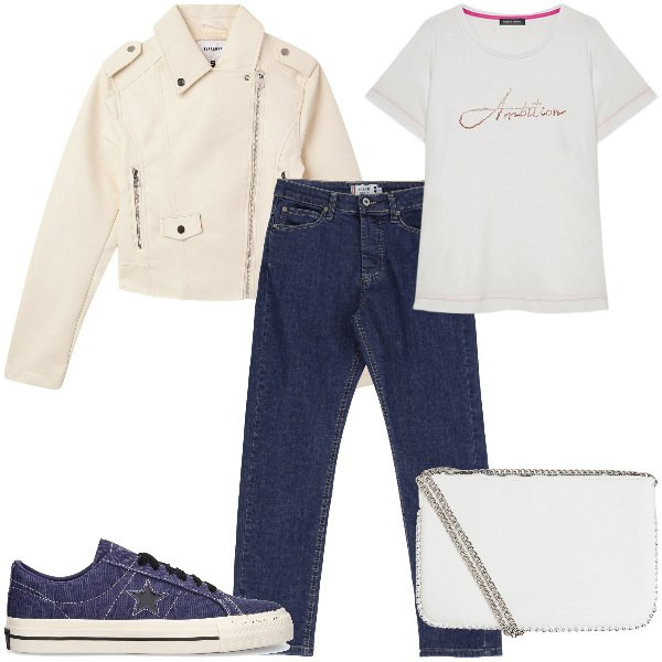 Outfit donna - Total look #2047925. per Tutti i giorni. Abbinamento con giacche, borse a tracolla, jeans dritti, sneakers, t-shirt.